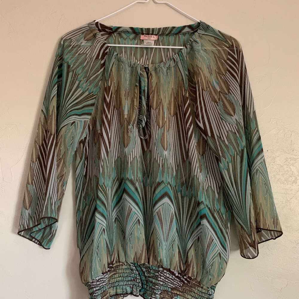 Michael K Teal and Brown Patterned Blouse